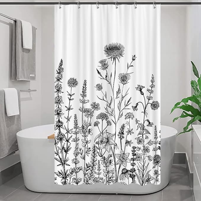 GOAOK Vintage Boho Shower Curtain Black and White Theme, Floral Aesthetic Dark Wildflower Botanical Flowers Shower Curtain for Bathroom with Hook, Farmhouse Plant Art Chic Shower Curtain 36x72
