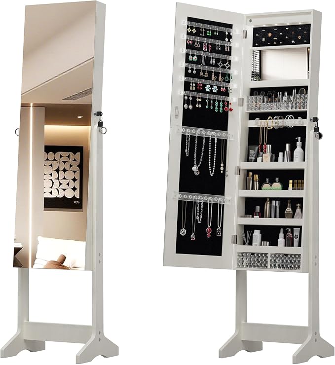 HRVEOCEI LED Mirror Jewelry Cabinet Standing, 63inch Lockable Jewelry Armoire Cabinet Standing with Storage Shelves, Full Length Mirror with Storage for Woman Girl Gift (63Inch White)
