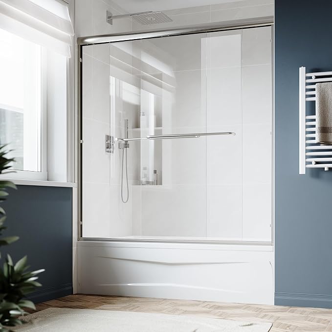 SUNNY SHOWER Double Sliding Glass Door 60" W x 62" H Shower Door 1/4" Tempered Glass Sliding Door Semi-Frameless Shower Glass Enclosure Bypass Walk in Shower Cabin, Brushed Nickel
