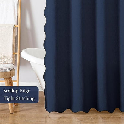Linen Scallop Shower Curtain with 12 Hooks, Waterproof, 72x72, Navy Blue | Waterproof Heavy Duty Thick Fabric with Black Border, Minimalist Neutral Boho Farmhouse Bathroom Décor
