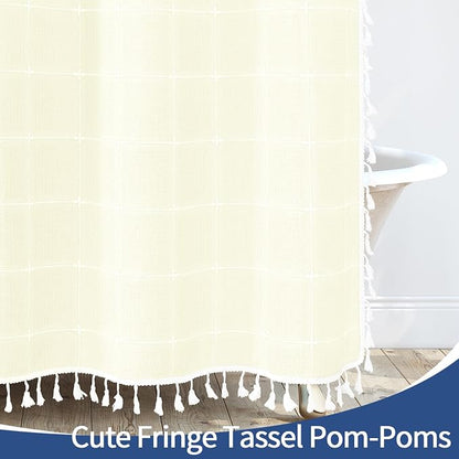 Ivory Boho Farmhouse Shower Curtain for Bathroom 72x72 | 320 GSM French Country Plaid Tassel Shower Curtain, Rustic Aesthetic Bathroom Decor Windows Curtain
