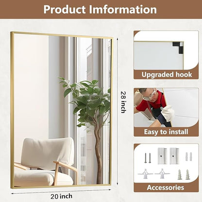 Gold Bathroom Mirror, 40"x30" Rectangle Mirror, Brushed Gold Mirror, Metal Frame Square Corner Vanity Mirror, Wall Mounted Mirror for Modern, Living Room, Bedroom, Horizontal Or Vertical