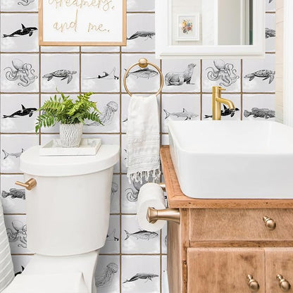 Alwayspon Vinyl Sticker Peel and Stick, Self-Adhesive Wall Tile Transfers Backsplash Sticker Decal for Kitchen Bathroom, 6x6inch/15x15cm 30Pcs, Marine Lives T034