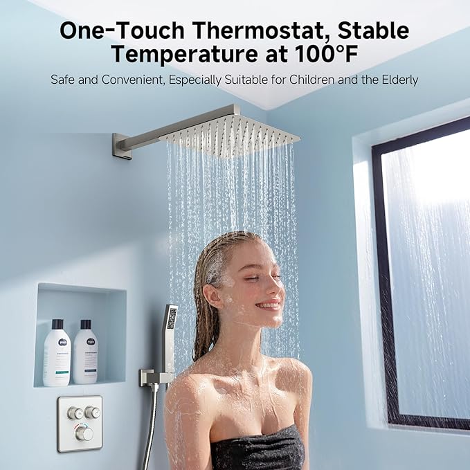 SR SUN RISE 100℉ Thermostatic Shower System,10" Luxury Rainfall Shower Head and High-Pressure Handheld Bathroom Shower Faucet Set,Shower Valve and Trim Kit Included (Brushed Nickel)