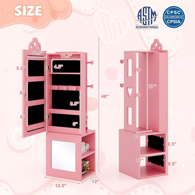 HONEY JOY Kids Jewelry Armoire Cabinet, Wooden Standing Jewelry Organizer w/Full-length Mirror and Garment Rack, 2 Tier Storage Shelves, Children Dress Up Jewelry Cabinet for Little Girls (Pink)