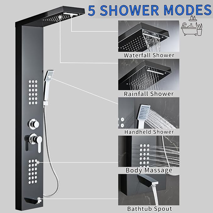 5-in-1 Shower Panel Tower System - Brushed Black | 304 stainless steel Shower Panel Tower Column with Powerful Body Jets, Rainfall, Waterfall,Handheld and Tub Spout