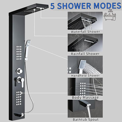 5-in-1 Shower Panel Tower System - Brushed Black | 304 stainless steel Shower Panel Tower Column with Powerful Body Jets, Rainfall, Waterfall,Handheld and Tub Spout