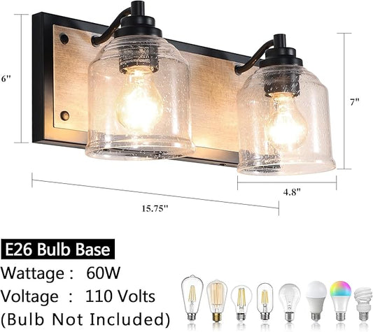 Vanity Lights for Bathroom Large 15.8", Farmhouse Rustic Vanity Light with Bubble Glass Shades, Gray 2 Light Bathroom Lighting Fixtures Over Mirror, Bath Wall Sconce Home Decor