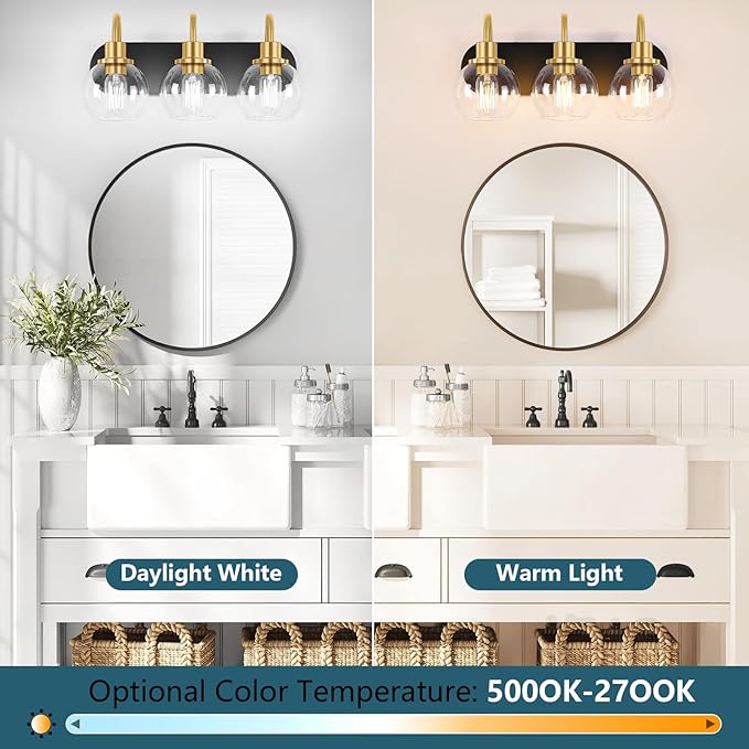 Modern 3-Light Vanity Light, Bathroom Lighting Fixture Over Mirror With Clear Glass Shade and Metal Base, Wall Sconces in Matte Black and Gold