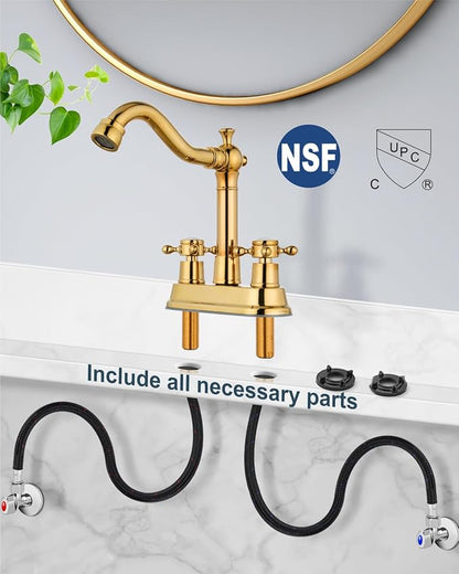 4 Inch Centerset Bathroom Sink Faucet 2 H&C Handle Polish Gold | Swivel Spout,Hot&Cold Label Cross Handle,Pop Up Drain,cUPC Hose,SUS304,for 2 or 3 Hole Sink,Lavatory,Vintage,Farmhouse,RV