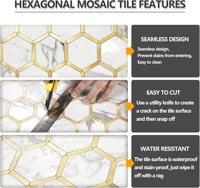 STICKGOO Hexagon Peel and Stick Backsplash Tile, Stick on Backsplash for Kitchen and Bathroom, Glossy Carrara White PVC Mixed Metal Gold Self Adhesive Wall Tiles(10 Sheets, Seamless)