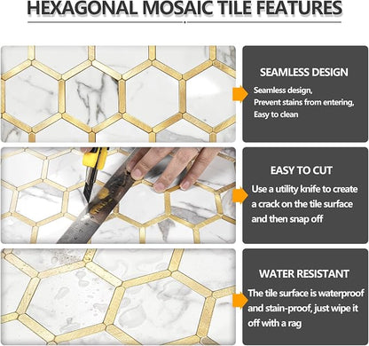 STICKGOO Hexagon Peel and Stick Backsplash Tile, Stick on Backsplash for Kitchen and Bathroom, Glossy Carrara White PVC Mixed Metal Gold Self Adhesive Wall Tiles(10 Sheets, Seamless)