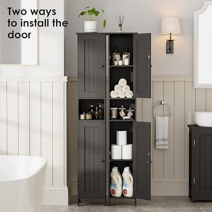 Tall Bathroom Storage Cabinet with 2 Doors, 67"H Narrow Storage Cabinet with Adjustable Shelves& Anti-Tip Design, Reversible Door Installation, Easy Assembly, 11.8 x 11.8 x 66.9 Inches, Black