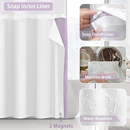 No Hook Shower Curtain and Liner Set,Lavender Hotel Waffle Shower Curtain with Liner 75" L x 72" W