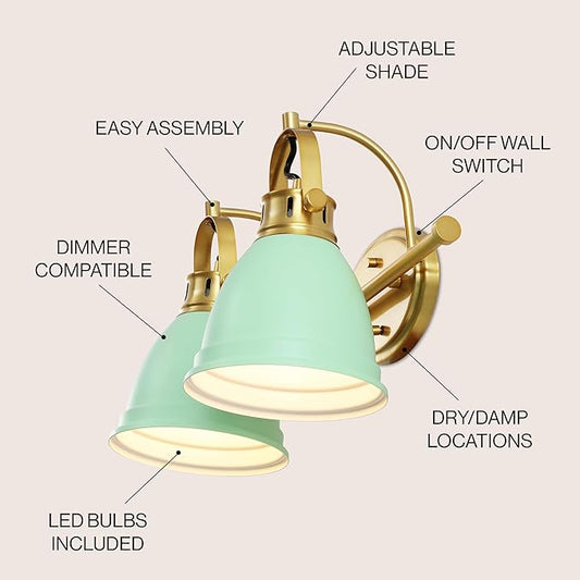 JONATHAN Y 16.25" Mint Green/Brass Gold 2-Light LED Vanity Light, Adjustable Wall Sconce for Bathroom Mirror, Farmhouse Bohemian Kitchen Light, Iron Black Bell Shade (JYL1115D)