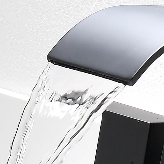 Black Waterfall Bathroom Faucet - 4Inch 2 or 3 Holes Centerset Faucet Bathroom | Two Handles Widespread Lavatory Vanity Sink Faucets with Overflow Pop-up Drain & Supply Lines Matte Black