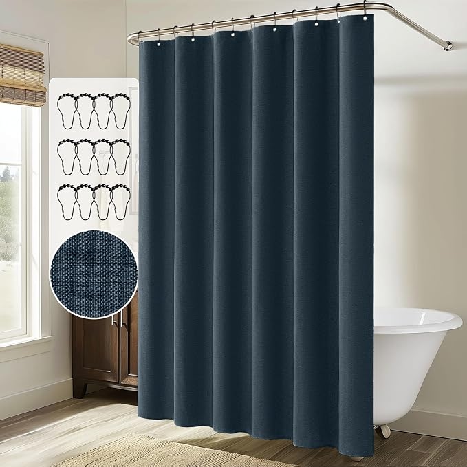 MIULEE Linen Fabric Shower Curtain Navy Blue W72*L72 12 Metal Hooks | Modern, Heavy Duty, Shower Curtain Set, Waterproof Thick Cloth Shower Curtains, Bathroom Bathtub, Washable