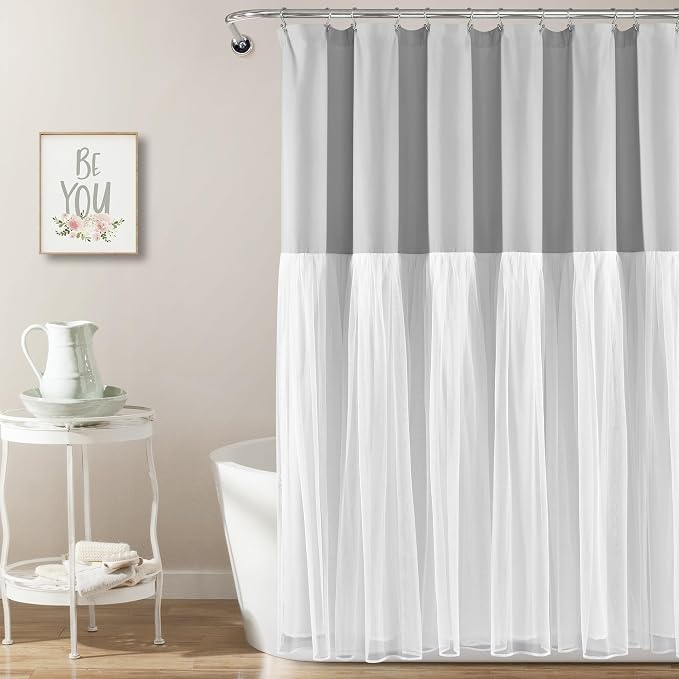 Lush Decor Tulle Skirt Colorblock Shower Curtain Single 72" W x 72" L Light Gray & White - Fabric Shower Curtains for Bathroom - Cute Bathroom Curtain