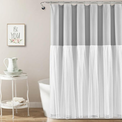 Lush Decor Tulle Skirt Colorblock Shower Curtain Single 72" W x 72" L Light Gray & White - Fabric Shower Curtains for Bathroom - Cute Bathroom Curtain