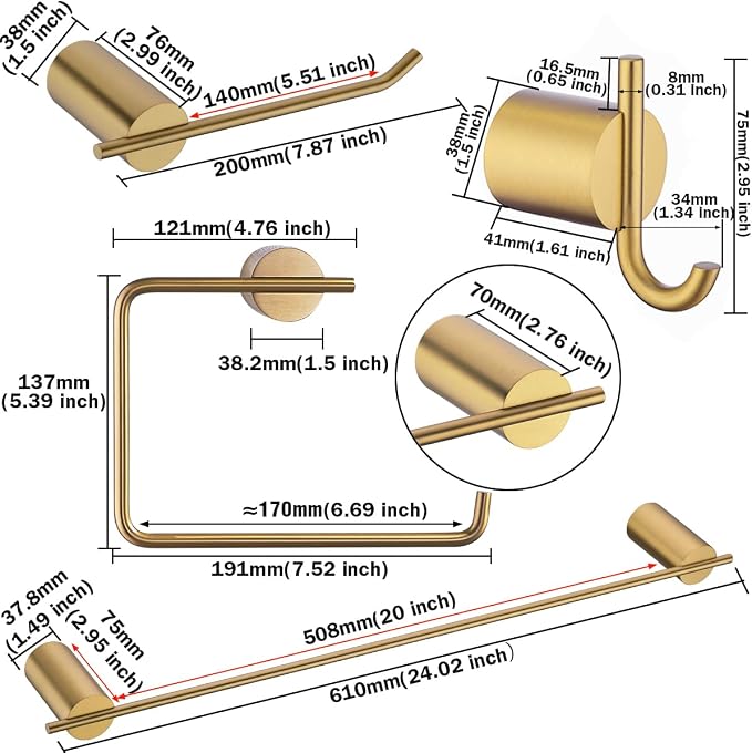 RARANDOM Champagne Bronze Bathroom Hardware Set 5 Pieces Include 24 inch Towel Bar Towel Ring Toilet Paper Holder Towel Hook for Bathroom,SUS304 Stainless Steel.RD96068S-5CB-2