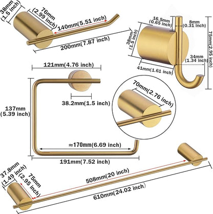 RARANDOM Champagne Bronze Bathroom Hardware Set 5 Pieces Include 24 inch Towel Bar Towel Ring Toilet Paper Holder Towel Hook for Bathroom,SUS304 Stainless Steel.RD96068S-5CB-2