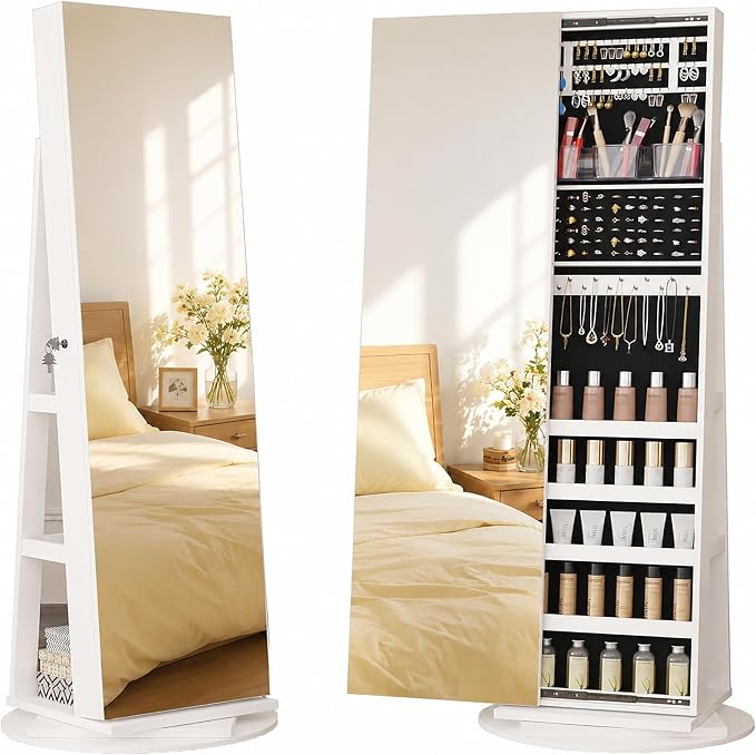 LVSOMT Standing Jewelry Cabinet with Sliding Full Length Mirror, White | 360° Swivel Mirror with Jewelry Storage, Lockable Jewelry Armoire Organizer with 3 Rear Shelves for Bedroom, Gift for Women