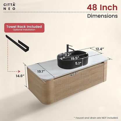 48" Floating Bathroom Vanity with Black Sink, Honey Oak | Pre-Assembled Fluted Wall Mounted Vanity with Ceramic Vessel Sink, Rounded Edges, Soft-Close Drawer & Towel Rack
