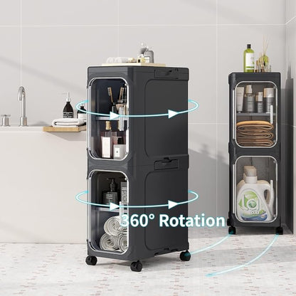 2 Tier Slim Bathroom Storage Cabinet, Foldable and Movable, Black | Tools Free, ABS and PET, Magnetic Clear Door, Adjustable Shelves, Lockable Wheels, Water Resistant, For Narrow Space