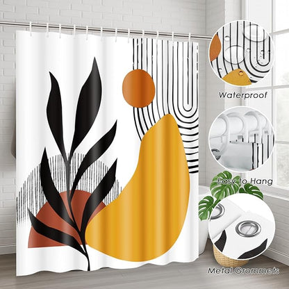 Bathroom Sets with Shower Curtain and Rugs, 4 Pcs, Geometric Boho | Botanical Minimalist Midcentury Bathroom Decor Set with Toilet Lid Cover, Non-Slip Bath Mats and Accessories 12 Hooks