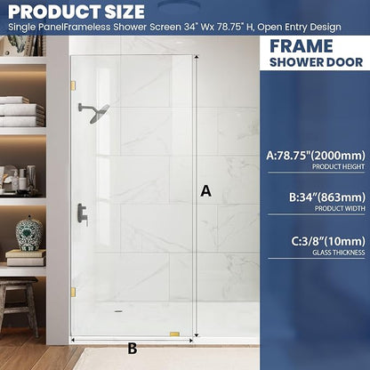 Bathroom Shower Glass Door 34" W×78.75" H, 3/8"(10mm) Thick Clear Tempered Glass Panel with Clamps, Fixed Frameless Waterproof Shower Door, Brushed Gold