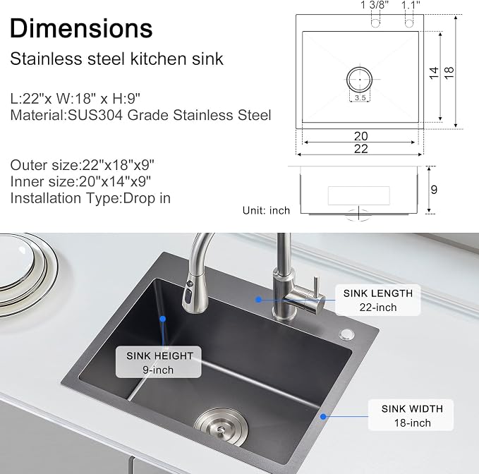 22"x18" Drop-In Single Bowl Sink Black Stainless Steel Handmade | 22 inch Drop-in Kitchen Sink | SUS304 SS | Topmount | Single bowl | 9" Deep Basin | Bar/prep area