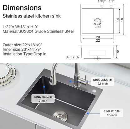 22"x18" Drop-In Single Bowl Sink Black Stainless Steel Handmade | 22 inch Drop-in Kitchen Sink | SUS304 SS | Topmount | Single bowl | 9" Deep Basin | Bar/prep area