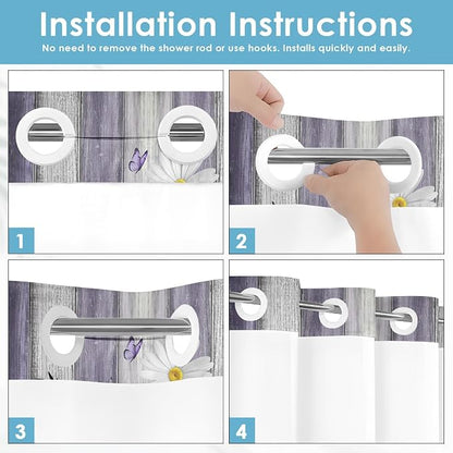 No Hook Shower Curtain with Snap in Liner 54x80 Inch Flower Daisy | Purple Wooden Boards Modern Double Layers Waterproof Fabric with See Through Top Window Open Grommet Bath Curtain