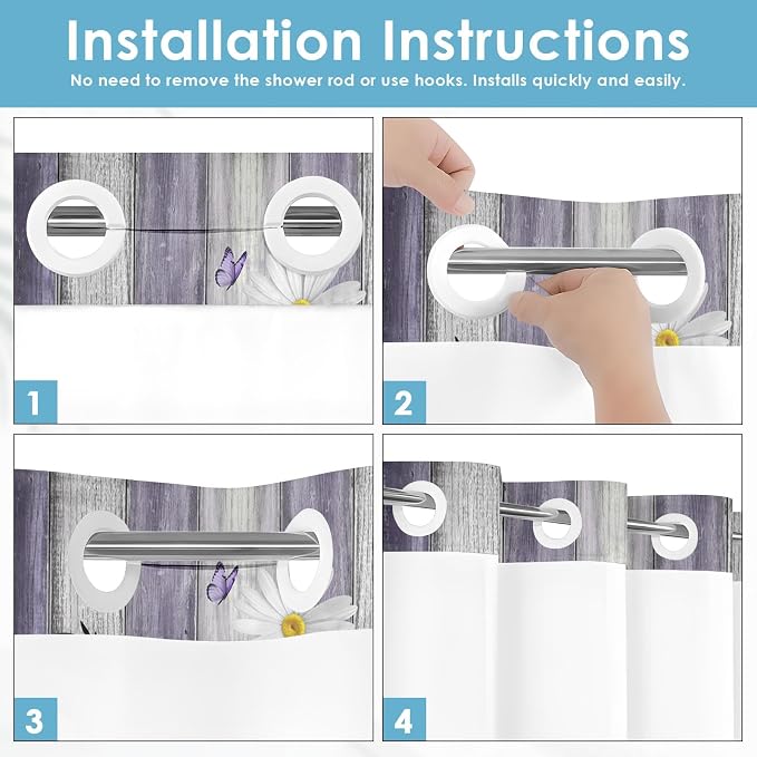 No Hook Shower Curtain with Snap in Liner 71x74 Inch Flower Daisy | Purple Wooden Boards Modern Double Layers Waterproof Fabric with See Through Top Window Open Grommet Bath Curtain