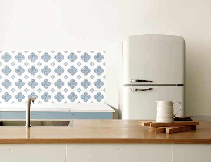 Peel & Stick Tile Stickers 12 PCS Self Adhesive Backsplash Decorative Wall Stickers for Kitchen Bathroom Tile Decals Waterproof & Removable 6" x 6" (Blue Flower)