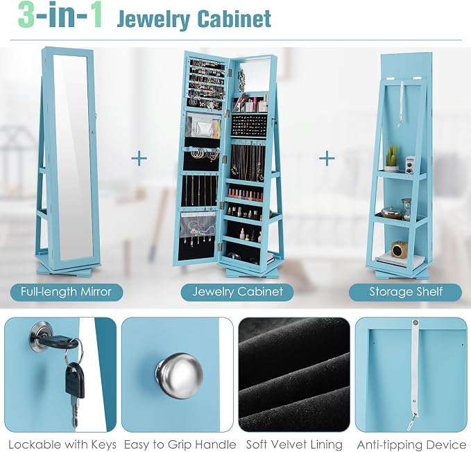 360° Rotating Jewelry Armoire, Freestanding Jewelry Cabinet with Inside Makeup Mirror, 2-in-1 Lockable Jewelry Organizer w/Full-Length Mirror for Women (Sky Blue)