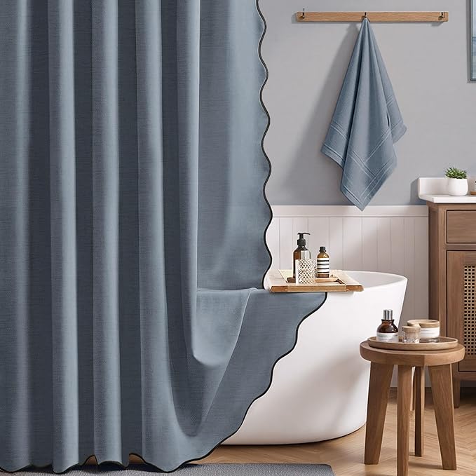 BTTN Blue Scalloped Shower Curtain, Boho Linen Textured Waterproof Fabric Shower Curtain Set with 12 Plastic Hooks, Vintage Thick Washable Cloth Shower Curtains for Bathroom Bathtub, 72x72, Blue Grey