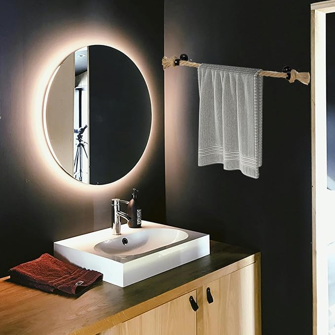 18'' Nautical Rope Towel Bar Black Coastal Towel Rack Unique Knot for Nautical Bathroom Decor Wall Mounted Bathroom Accessories Towel Holder