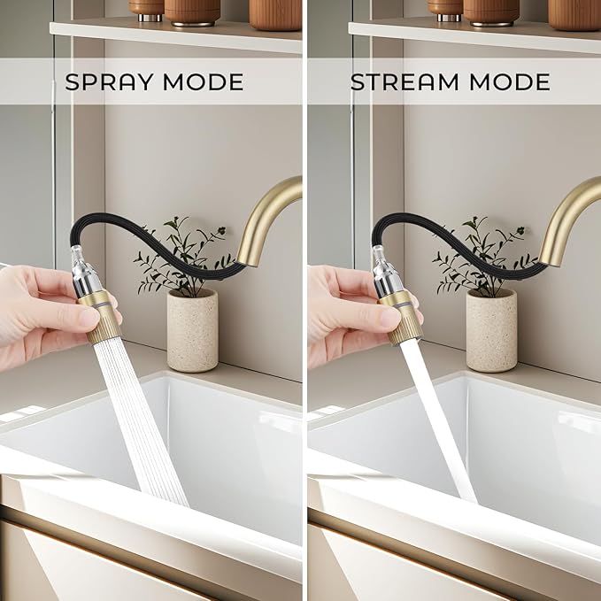 FGKQ Brushed Gold Bathroom Faucet 3 Hole with Pull Down Sprayer 2 Modes, Pull Down Bathroom Sink Faucet with Pop Up Drain, 8 Inch Widespread Bathroom Faucet