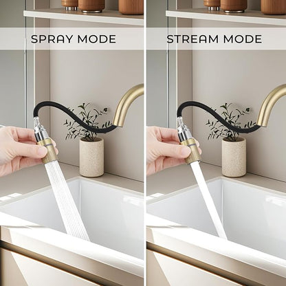 FGKQ Brushed Gold Bathroom Faucet 3 Hole with Pull Down Sprayer 2 Modes, Pull Down Bathroom Sink Faucet with Pop Up Drain, 8 Inch Widespread Bathroom Faucet