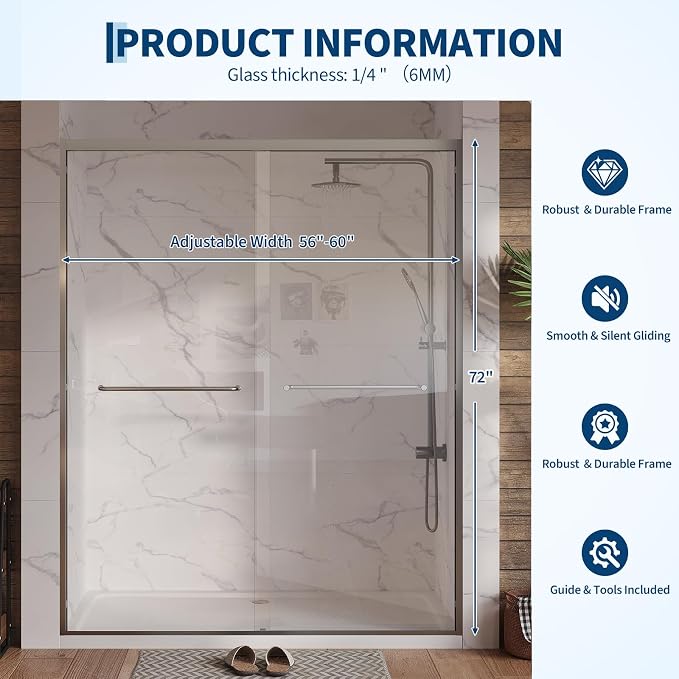 Garvee 56-60"W x 72"H Sliding Shower Door 1/4" Tempered Glass Double Bypass Enclosure with Trimmable Width and Easy Clean Nano Coating Matte Silver