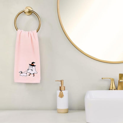 SKL Home Halloween Ghost Walking Dog Hand Towel Set-2pc, 100% Cotton, Pink | Soft, embroidered velour. Great for the bathroom, kitchen or bar & gifting.