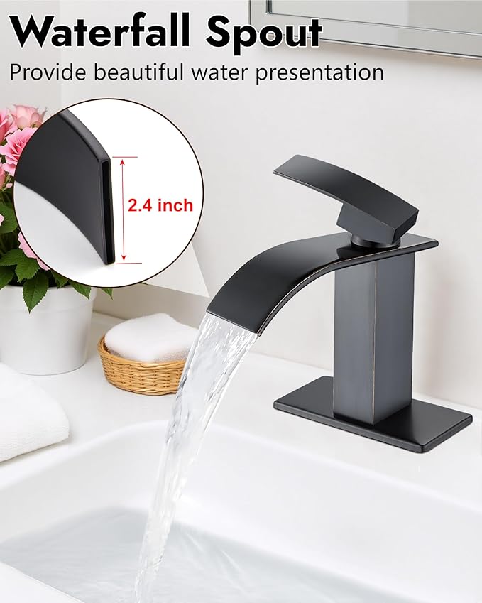 Midanya Waterfall Spout Bathroom Faucet Single Handle 1 Hole Bathroom Sink Faucet,Modern RV Lavatory Vanity Basin Tap with Water Hose,No Drain,Short Body,Oil Rubbed Bronze