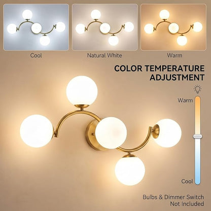 Mieloxiy 5-Light Gold Bathroom Vanity Light, Modern Mid Century Bathroom Light Fixtures Over Mirror with Milk Glass Globe Shades, G9 Wall Sconce for Vanity, Bedroom, Hallway, Bulbs Not Included
