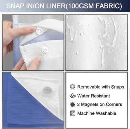 No Hook Shower Curtain and Liner Set,Ombre Light Blue Hotel Waffle Shower Curtain with Liner 75" L x 72" W