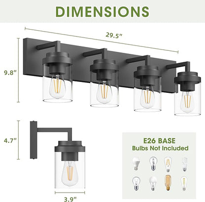 Espird Bathroom Vanity Light, 4 Light Matte Black Vanity Light with Clear Glass Shade, 30in Farmhouse Vanity Light, Bathroom Lighting Fixtures Over Mirror for Bathroom