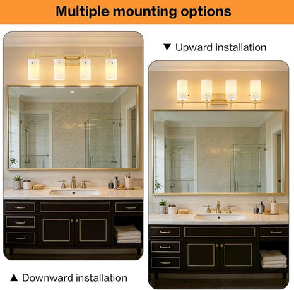 SOLFART Bathroom Light Fixtures, 4 Light Vanity Lights for Bathroom, Gold Wall Light with Milky White Glass for Mirror, Living Room, Hallway, Cabinet, E26 Base (Bulbs Not Included)