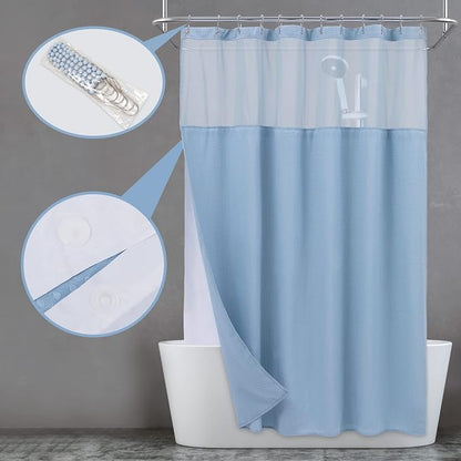 N&Y HOME Extra Long Waffle Shower Curtain with Snap-in Liner Blue, 71x84 | 12 Hooks & Snap on Fabric Liner, Washable, Mesh Window, Hotel Style, 84 inches Length Blue Shower Curtain Set for Bathroom