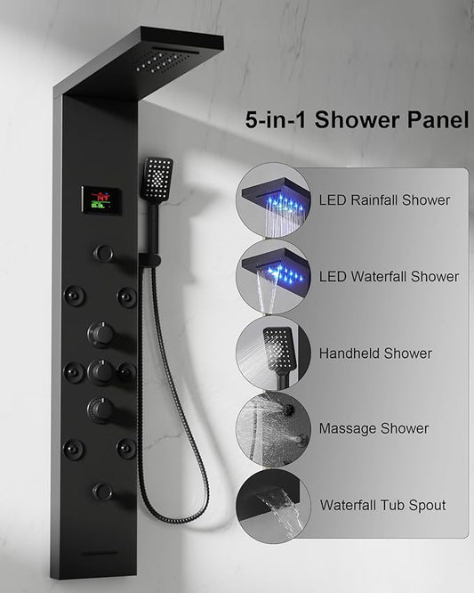 Homevacious 5 In 1 Shower Panel Tower System LED Rain Waterfall Shower Head and Adjustable Massage Body Jets 3 Settings Handheld Head and Tub Spout Stainless Steel Bathroom Panel Matte Black