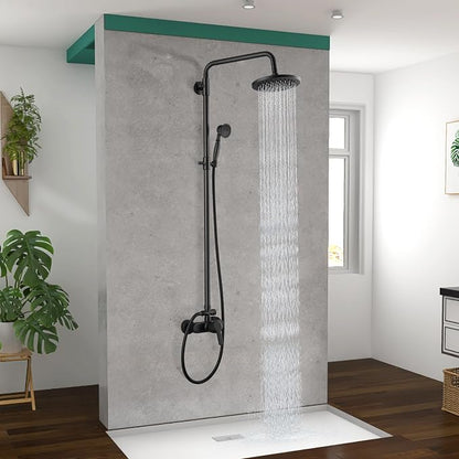 Heyalan Exposed Shower System, 8 Inch Rain Head, Handheld, Matte Black | Exposed shower system with 8 inch rain head, handheld sprayer, single handle control, and complete wall-mounted setup.